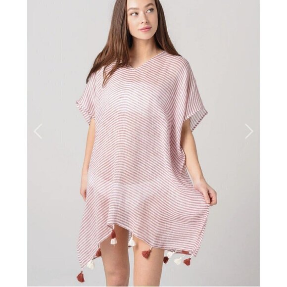 Seafolly Australia Tassel Linen Swimwear CoverUp One Size pink Kaftan tunic top - Picture 1 of 12